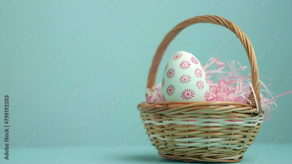 Fototapeta premium Easter basket with easter eggs on a soft pastel background with copyspace