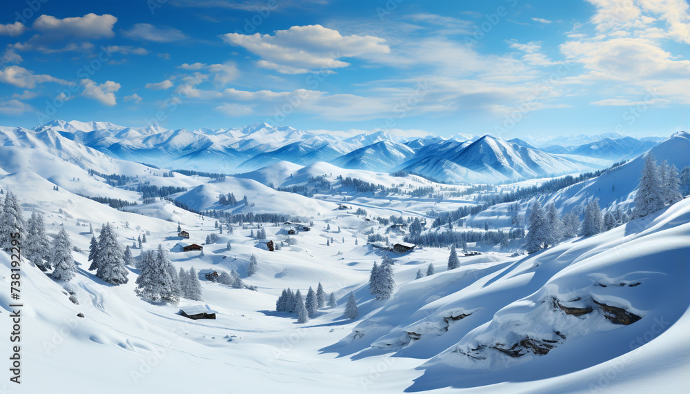 Tranquil winter landscape snowy mountains, blue sky, and pine trees generated by AI