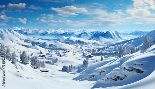 Tranquil winter landscape snowy mountains, blue sky, and pine trees generated by AI © djvstock