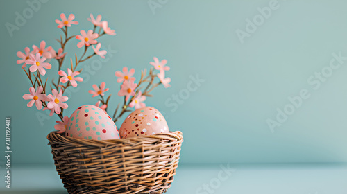 Easter basket with easter eggs on a soft pastel background with copyspace