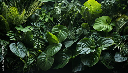 Fresh green leaves in a tropical rainforest, a beautiful sight generated by AI © djvstock