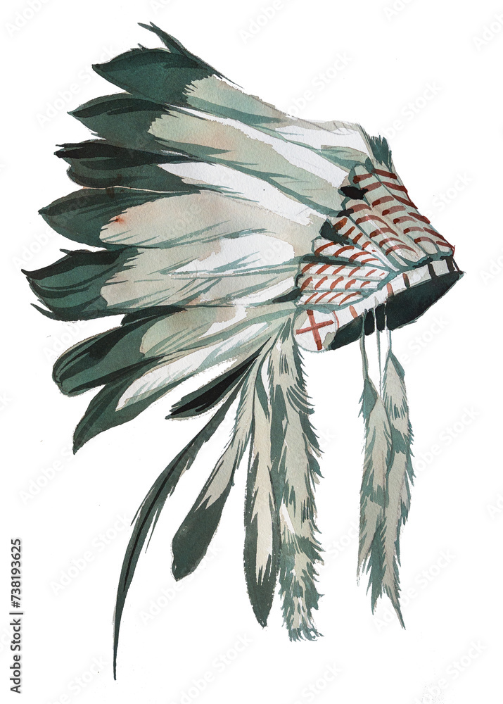 Watercolor hand painted Indian headdress illustration set isolated on a ...