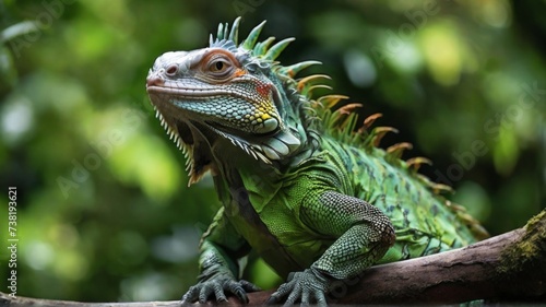 A side view of an iguana on a tree  showing its long tail and sharp claws