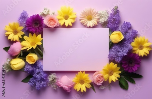 Delicate lilac background center card free copy space. Around the postcard frame of spring flowers. Invitation Mother's Day, Valentine's Day, Wedding Day
