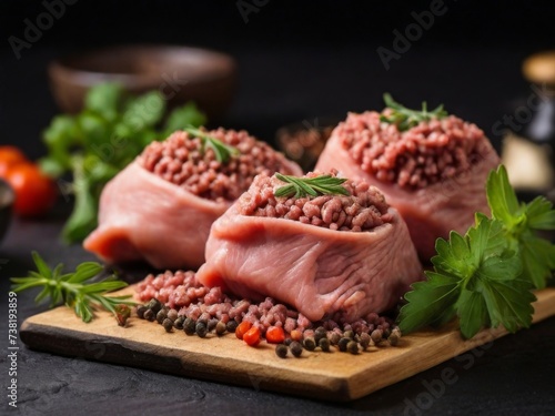 Raw minced pork mixed with herbs and spices, ready to be used in a variety of dishes