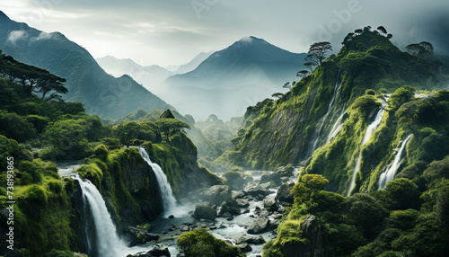 Majestic mountain peak, tranquil waterfall, flowing water, autumn hiking generated by AI