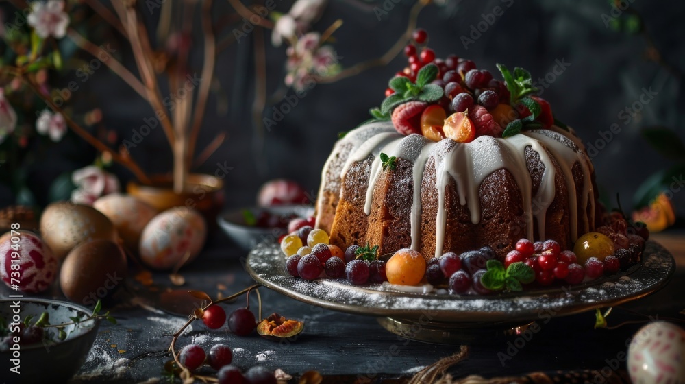 Elegant bundt cake adorned with fresh berries and icing for a festive celebration. Rustic gourmet dessert with fruit topping on dark background.