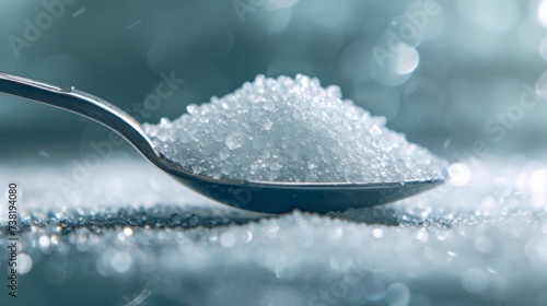 Cold blue tones of granulated sugar on a spoon with a bokeh background. Close-up view of crystalline sugar in a metal teaspoon with frosty reflections. photo