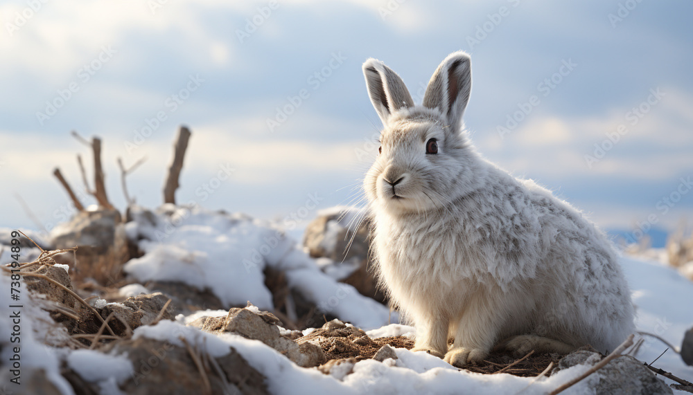 Fototapeta premium Cute rabbit sitting in snow, looking at camera, peaceful meadow generated by AI