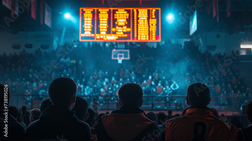 score board, Basketball court, Sports arena, Basketball court with people fans, Professional basketball court arena background, generative ai