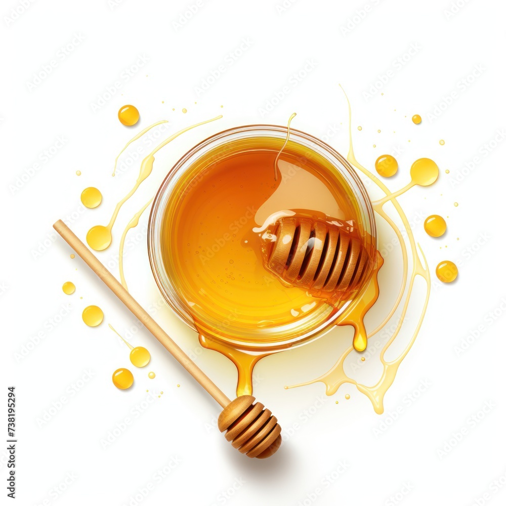 delicious honey dipper and honey in jar on a white background top view delicious honey dipper and honey in jar on a white background top view