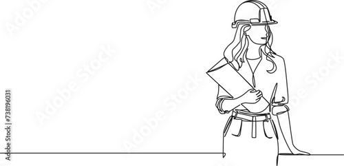 continuous single line drawing of female architect or engineer with hardhat holding construction plans, line art vector illustration