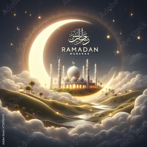 Ramadan Mubarak with a mosque background photo
