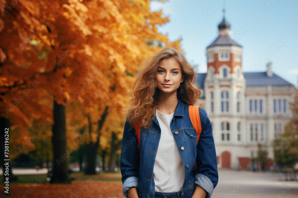 Autumnal Campus Day: Young Woman with Backpack Outside University, Open Empty Text Copy Space Used for a College Admissions Poster, Announcement, Invitation, Message, or Sign
Autumnal Campus Day: Young Woman with Backpack Outside University, Open Empty Text Copy Space Used for a College Admissions Poster, Announcement, Invitation, Message, or Sign