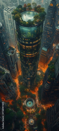 view city fountain middle altered carbon orange plants aerial skyscraper looking down forest floor evening building sacral chakra breathtaking enormous trees extreme panoramic fire