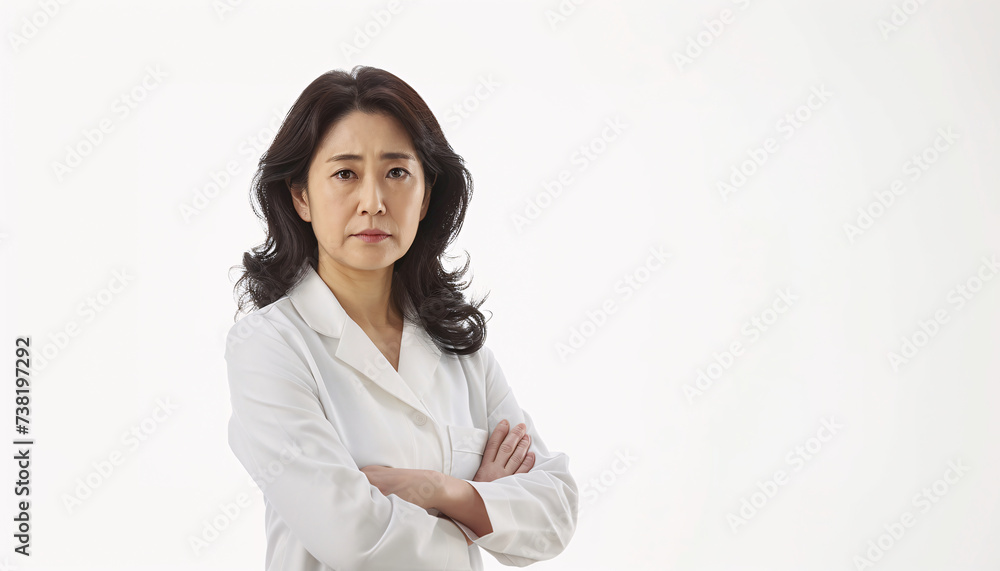 A Korean doctor stands with arms folded, appearing serious, against a white background. A Korean doctor stands with arms folded, appearing serious, against a white background.