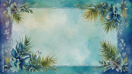watercolour blue background with tropical leaves  space for text  floral border for cards or invitation
