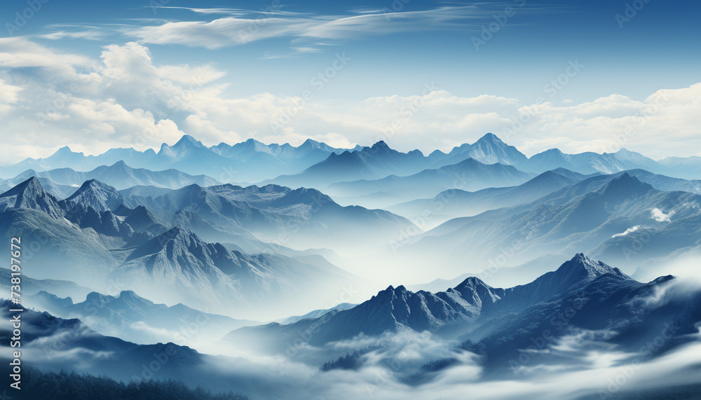Majestic mountain range silhouettes against blue sky, tranquil meadow generated by AI