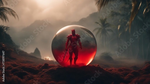 landscape with clouds and sun highly intricately photograph of  dragon demon Red devil with trident  running on land  inside a glass ball,  