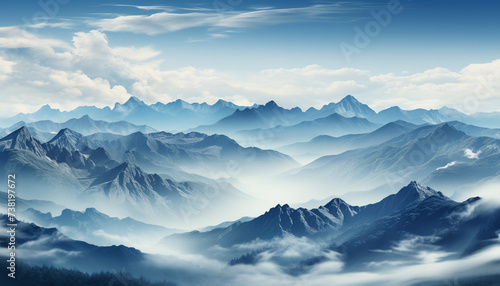 Majestic mountain range silhouettes against blue sky, tranquil meadow generated by AI © djvstock