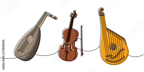 Musical instruments collection one line colored continuous drawing. Lute, violin, bandura continuous one line illustration. Vector linear illustration