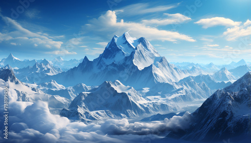 Majestic mountain peak, snow covered landscape, blue sky, tranquil forest generated by AI