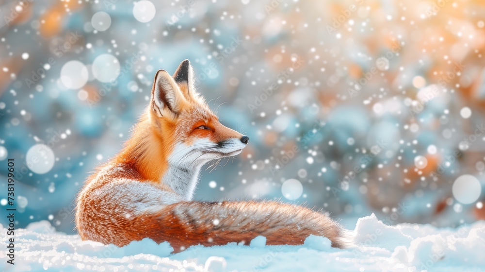 Vibrant red fox in snowy winter forest, wildlife animal in natural habitat with blurred background Vibrant red fox in snowy winter forest, wildlife animal in natural habitat with blurred background