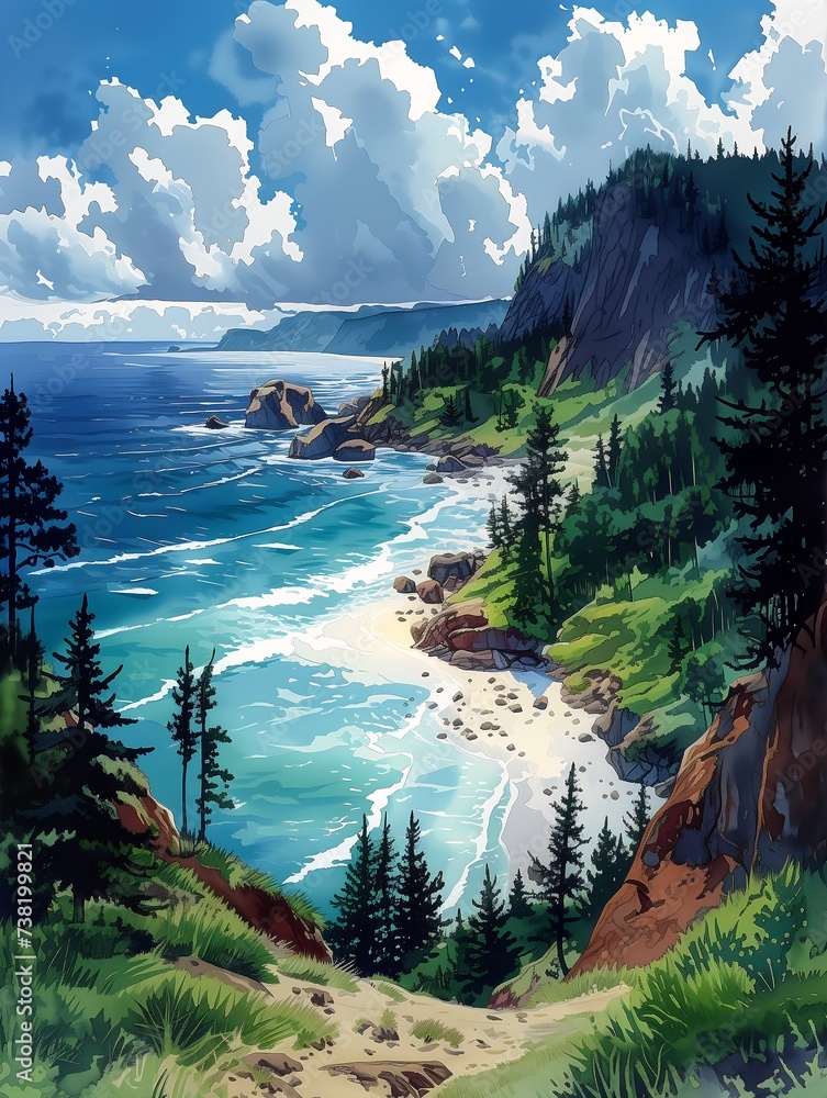 scenic beach path leading deep sticker pacific northwest breathtaking panel trees cliffs pine - obrazy, fototapety, plakaty 