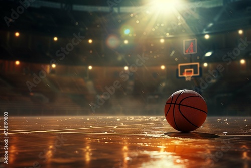 Basketball game sport arena stadium court on spotlight with basket ball on floor. Motivation sport lifestyle background