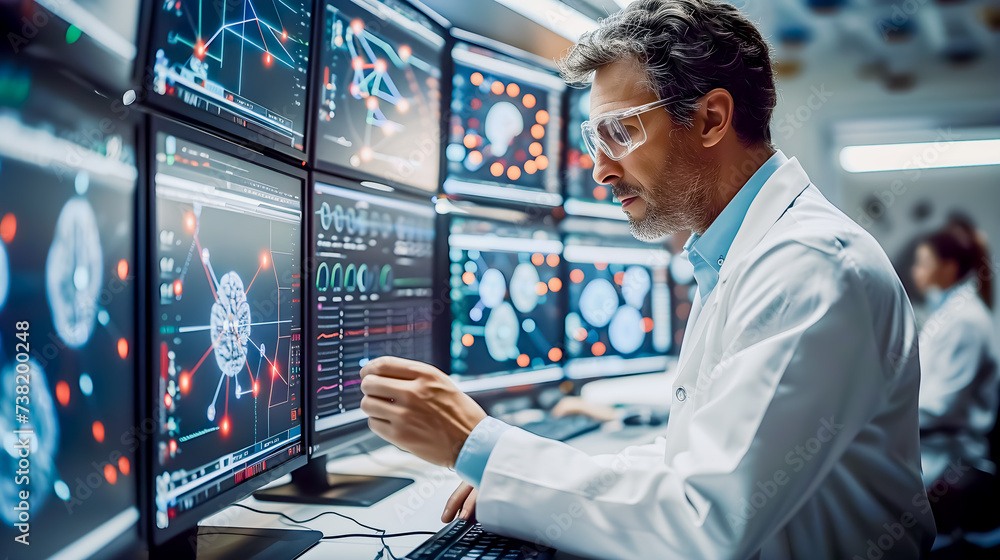 Doctor is diagnosing patient's brain x-ray image through modern monitor, technology concept and medical innovation Doctor is diagnosing patient's brain x-ray image through modern monitor, technology concept and medical innovation