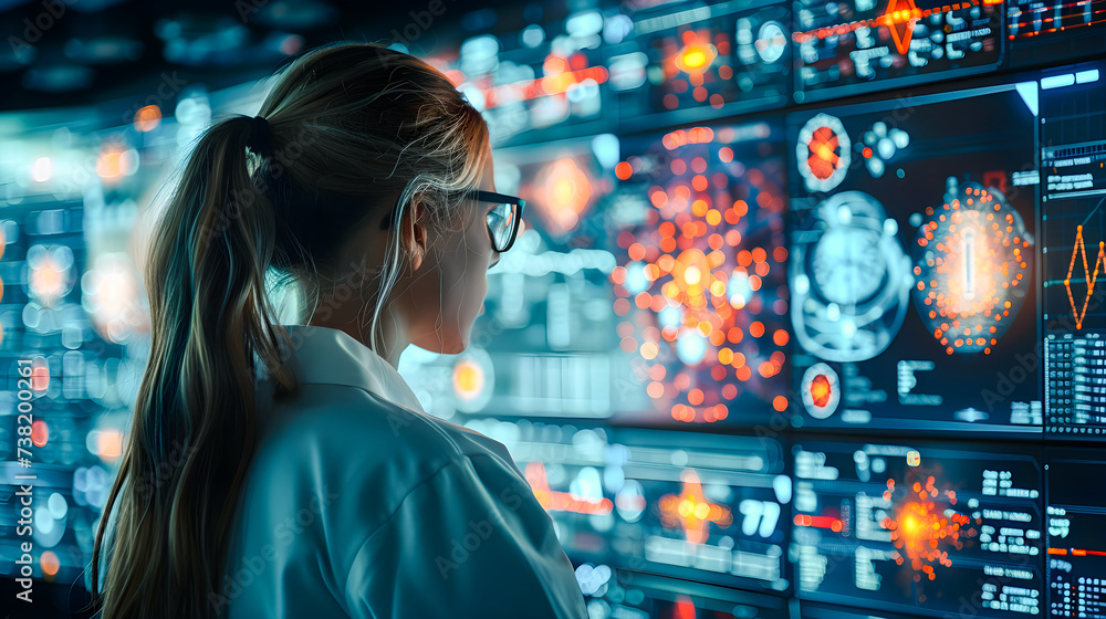 Female doctor diagnosing disease from patient's x-ray data through modern monitor, technology concept and medical innovation Female doctor diagnosing disease from patient's x-ray data through modern monitor, technology concept and medical innovation