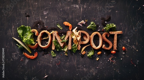 Generative AI, word Compost made of food waste compost and soil, environmental background, biodegradable kitchen waste, composting organic food
