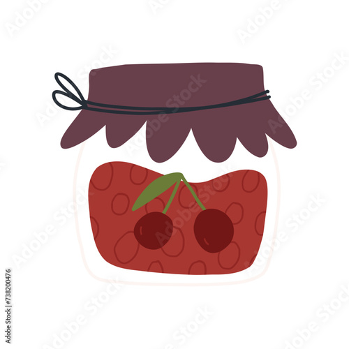 Cute hand drawn cherry jam jar, cartoon flat vector illustration isolated on white background. Homemade marmalade.