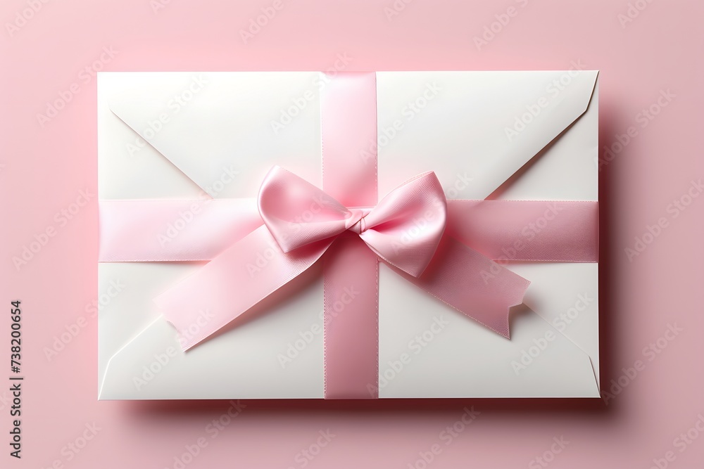 Blank white piece of paper with gift silk ribbon bow holding isolated on flat light background Blank white piece of paper with gift silk ribbon bow holding isolated on flat light background