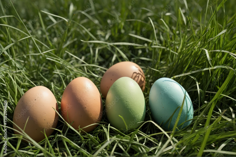 Colorful collection of easter eggs collection on green grass. 