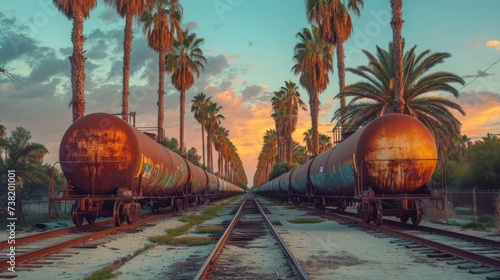 A train hauling tank cars loaded with petroleum products for oil extraction and transport by rail. Showing the logistics of distributing oil in an industrial context. photo