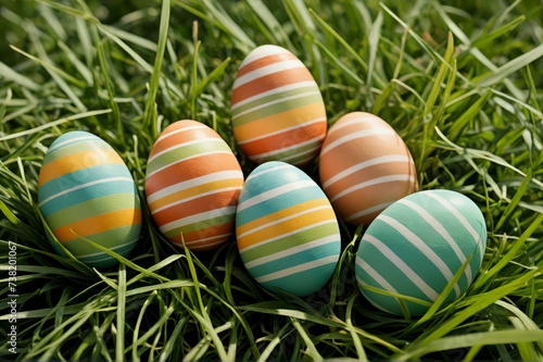 Colorful collection of easter eggs collection on green grass. 