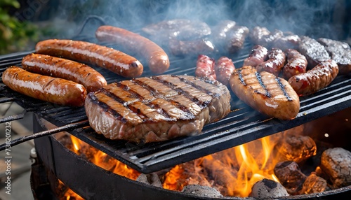 Close-up of mixed meat on a burning barbecue.