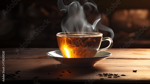 A Cup of freshly brewed black tea,escaping steam,warm soft light, darker background