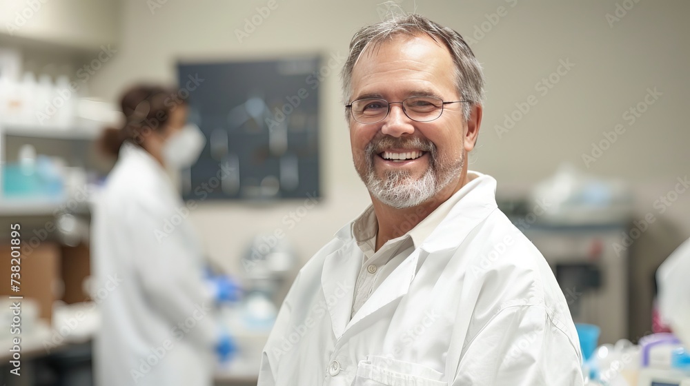A portrait of a dentist with his team working in the background A portrait of a dentist with his team working in the background