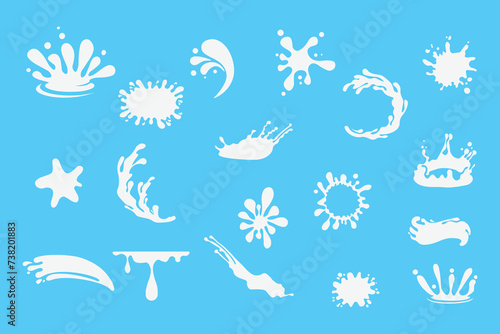 A set of splashes of liquid, milk or paint, puddles of blotches and drips. Abstract design elements.