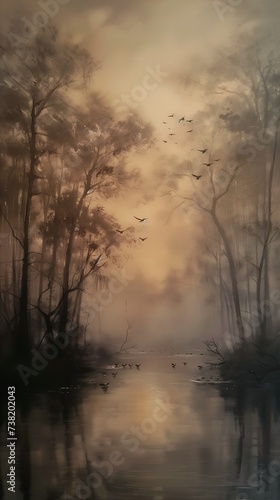 misty lake birds flying forest studio gold coast australia soft moody eerie glow painter rays light tall spray canvas late afternoon naturalistic technique