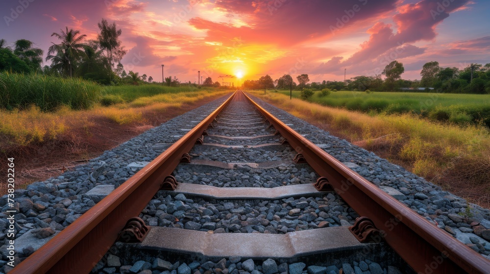 Fototapeta premium Serenity of railway track immersed in captivating sunset, creating golden hour scene