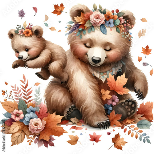 Adorable Bear, Mommy Bear, The Cuteness of a Mother and Baby, Mother's Day, Watercolor illustration of Bear wildlife animal, Mom and Baby moment of love and happiness, PNG file,