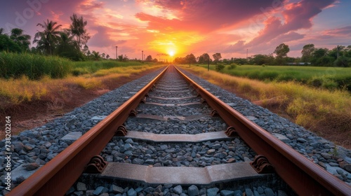 Serenity of railway track immersed in captivating sunset, creating golden hour scene