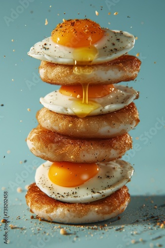 a stack of fried eggs on a blue background
