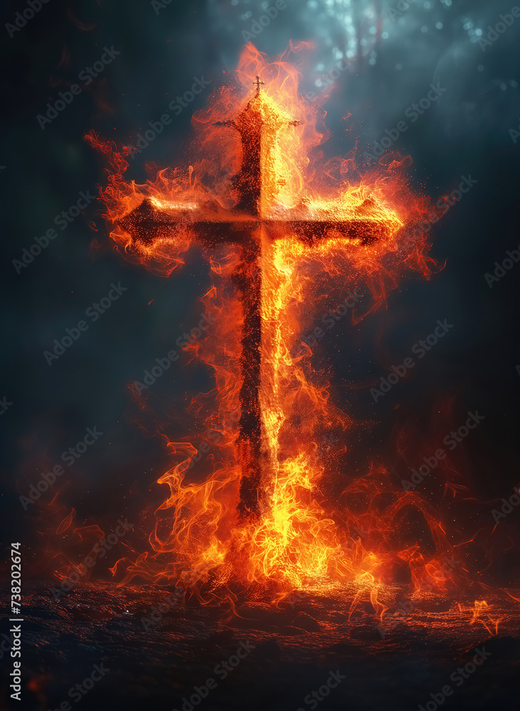 A burning cross, a wooden cross in flames with outpouring of the Holy Spirit. Christian illustration. - obrazy, fototapety, plakaty 