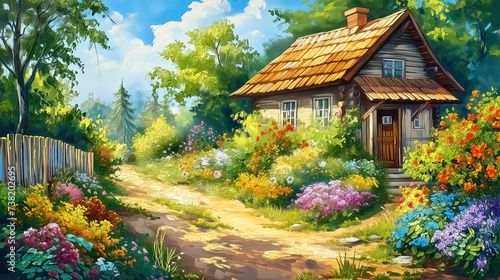 Summer landscape of the Polish countryside, an old wooden house surrounded by fields, meadows and flowers, idyllic view, oil painting.