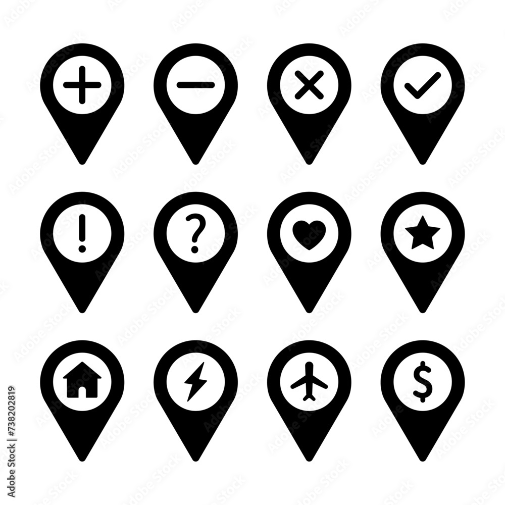 Map pin icon set. Transport images pins in black and white markers on a map for navigation. Vector flat icon set with heart, star, home and thunderbolt symbol illustration isolated. Map pin icon set. Transport images pins in black and white markers on a map for navigation. Vector flat icon set with heart, star, home and thunderbolt symbol illustration isolated.