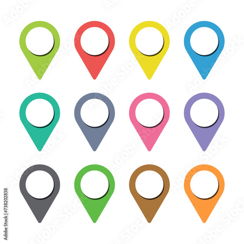 Map pin icon set. Transport images pins in various color, markers on a map for navigation. Vector flat style cartoon illustration isolated on white background